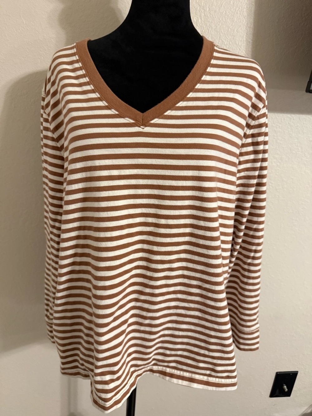 Lands' End Brown and White Striped V-Neck Long Sleeve Tee